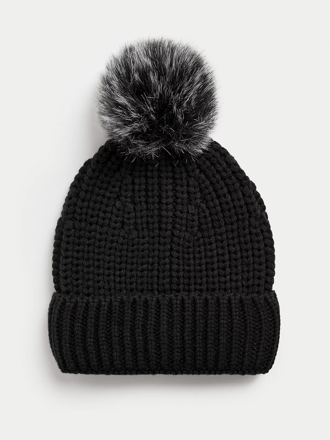 

Marks & Spencer Women Self Design Pom Pom Detail Beanie, Black