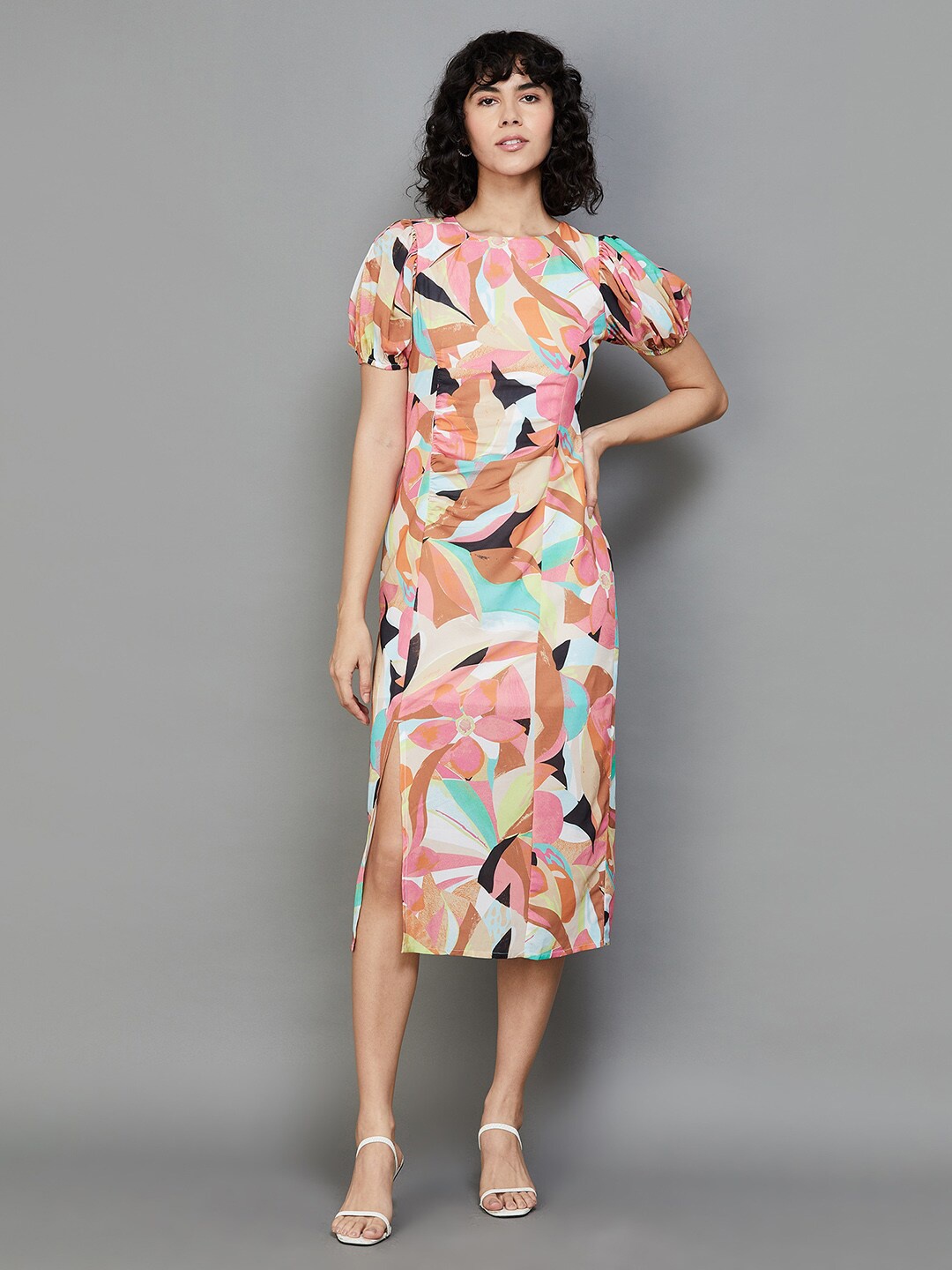 

Ginger by Lifestyle Abstract Printed Puff Sleeves Ruched Sheath Dress, Pink