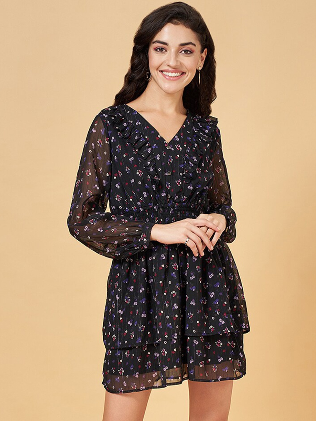 

People Black Floral Printed Smocked Puff Sleeves Layered Ruffled A-Line Dress