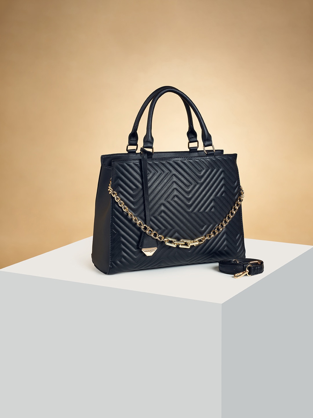 

Forever Glam by Pantaloons Striped Structured Handheld Bag, Black