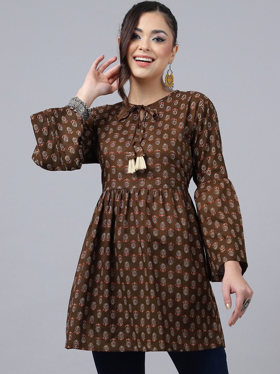 

KALINI Ethnic Motifs Printed Tie-Up Neck Pleated A-Line Cotton Kurti, Brown