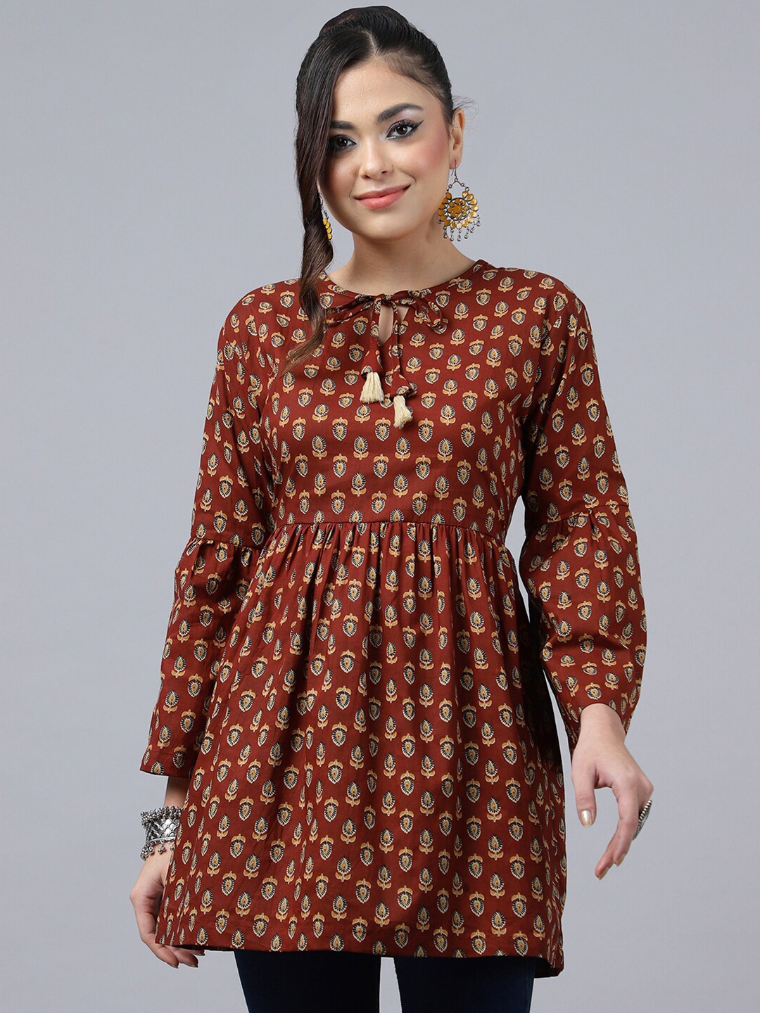 

KALINI Ethnic Motifs Printed Tie-Up Neck Pleated A-Line Cotton Kurti, Red