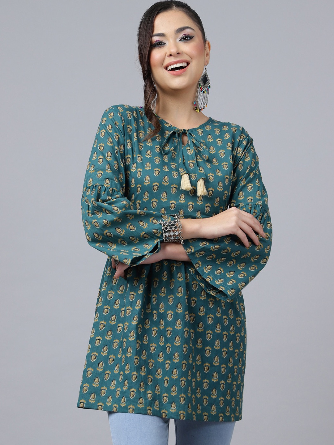 

KALINI Ethnic Motifs Printed Tie-Up Neck Cotton Kurti, Green