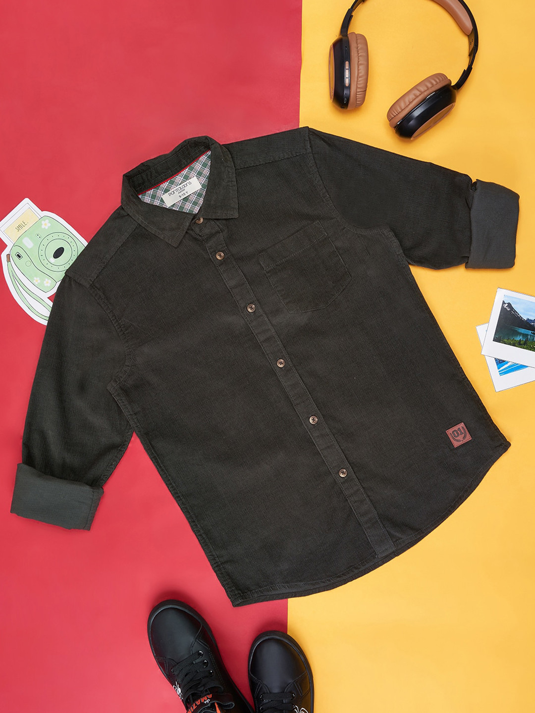 

Pantaloons Junior Boys Spread Collar Long Sleeve Pocket Cotton Casual Shirt, Green