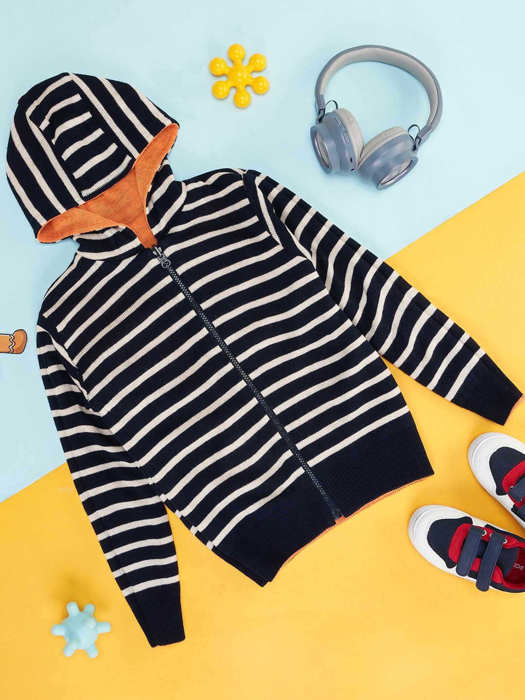 

Pantaloons Junior Boys Striped Hooded Front-Open Sweater, Navy blue