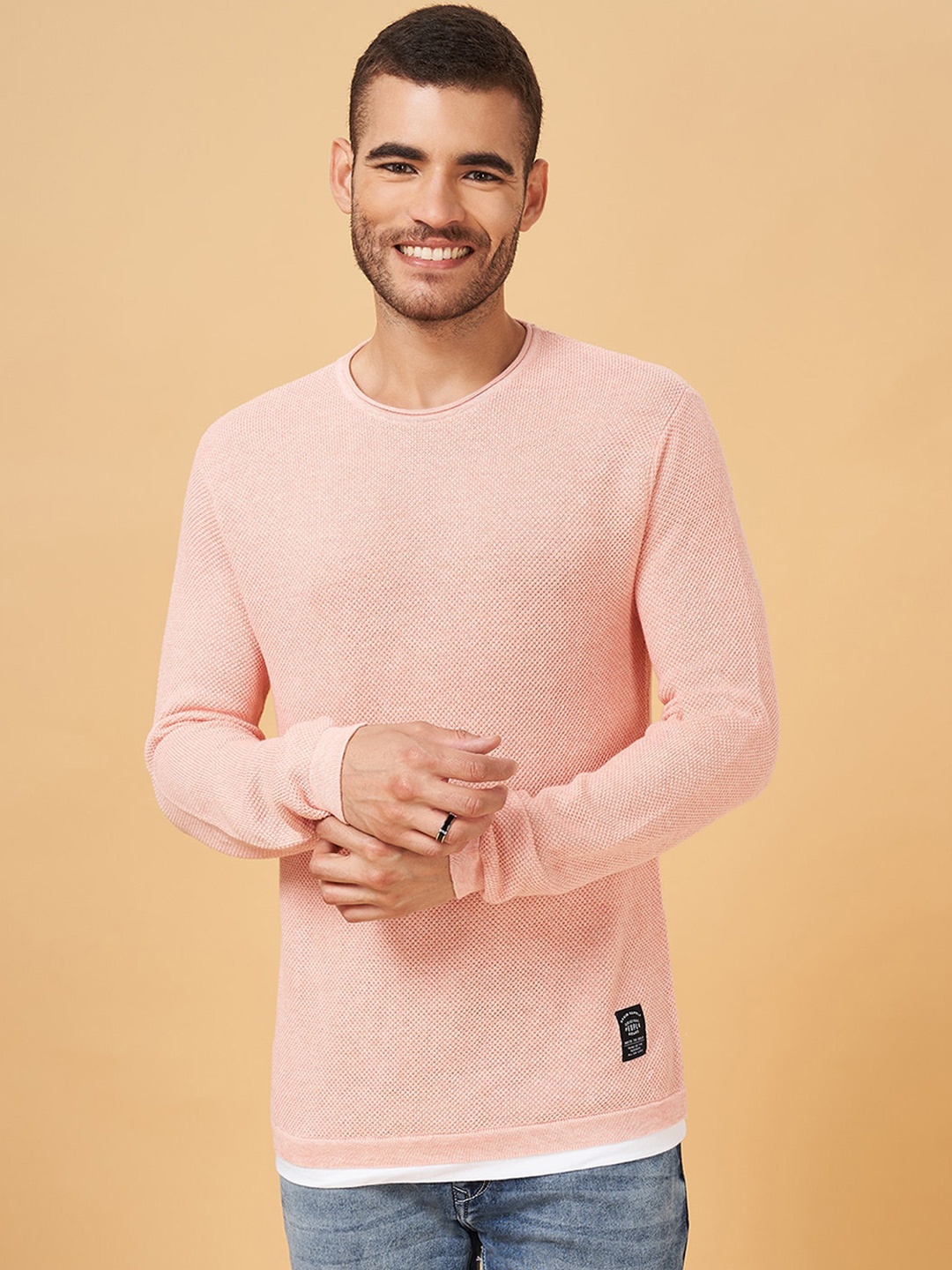 

People Cable Knit Round Neck Cotton Pullover Sweater, Pink