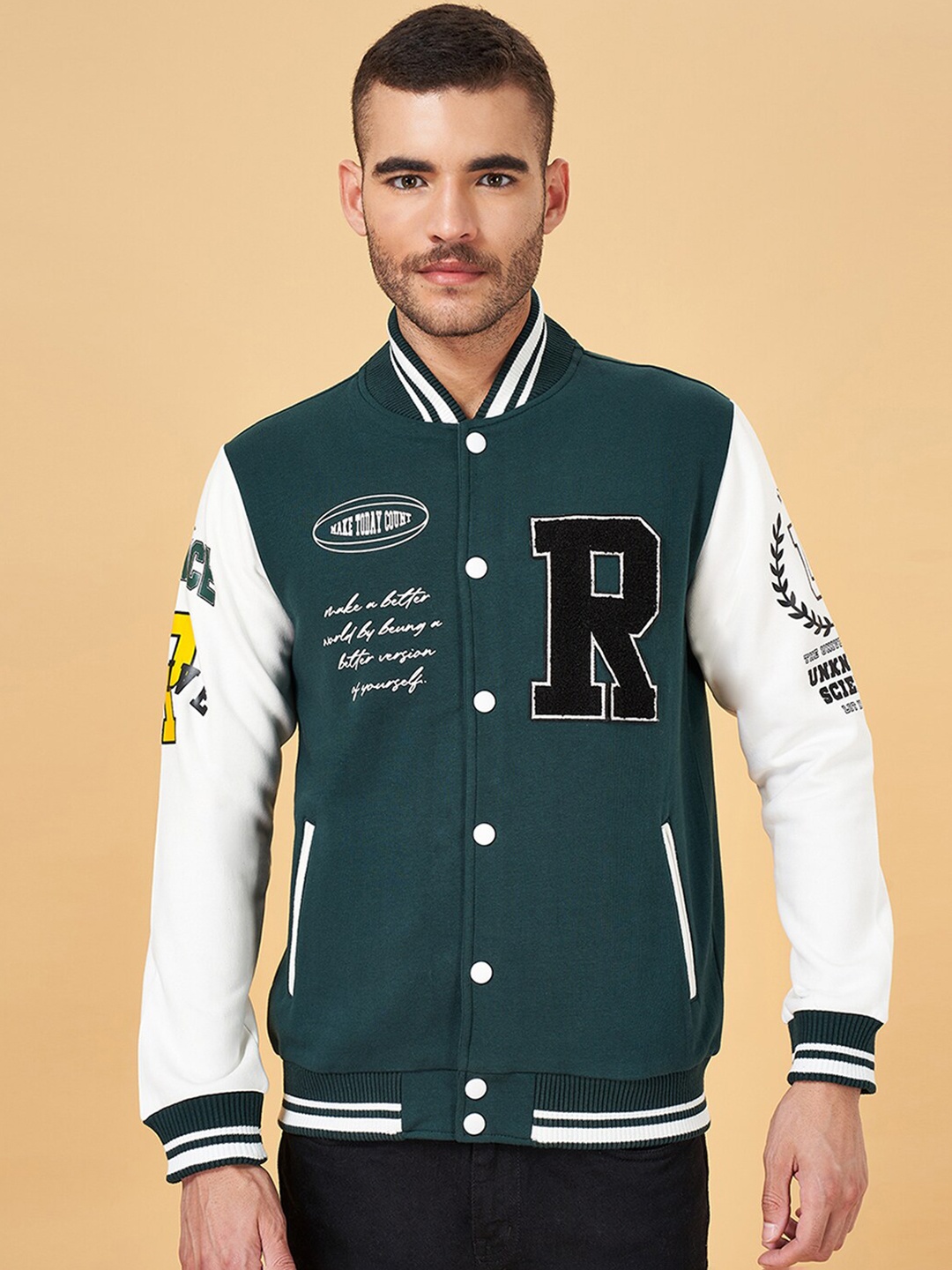 

People Green & White Typography Printed Mock Collar Sweatshirt