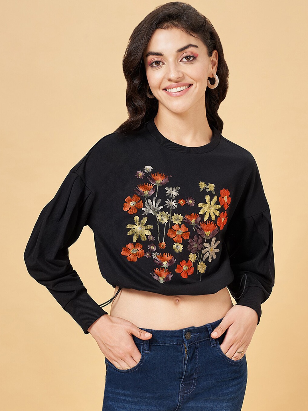 

People Floral Printed Crop Sweatshirt, Black