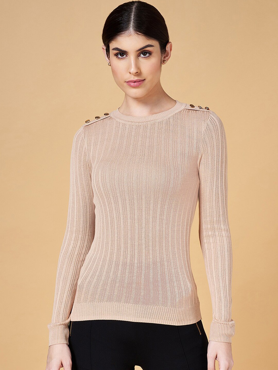 

Annabelle by Pantaloons Self Design Round Neck Top, Beige