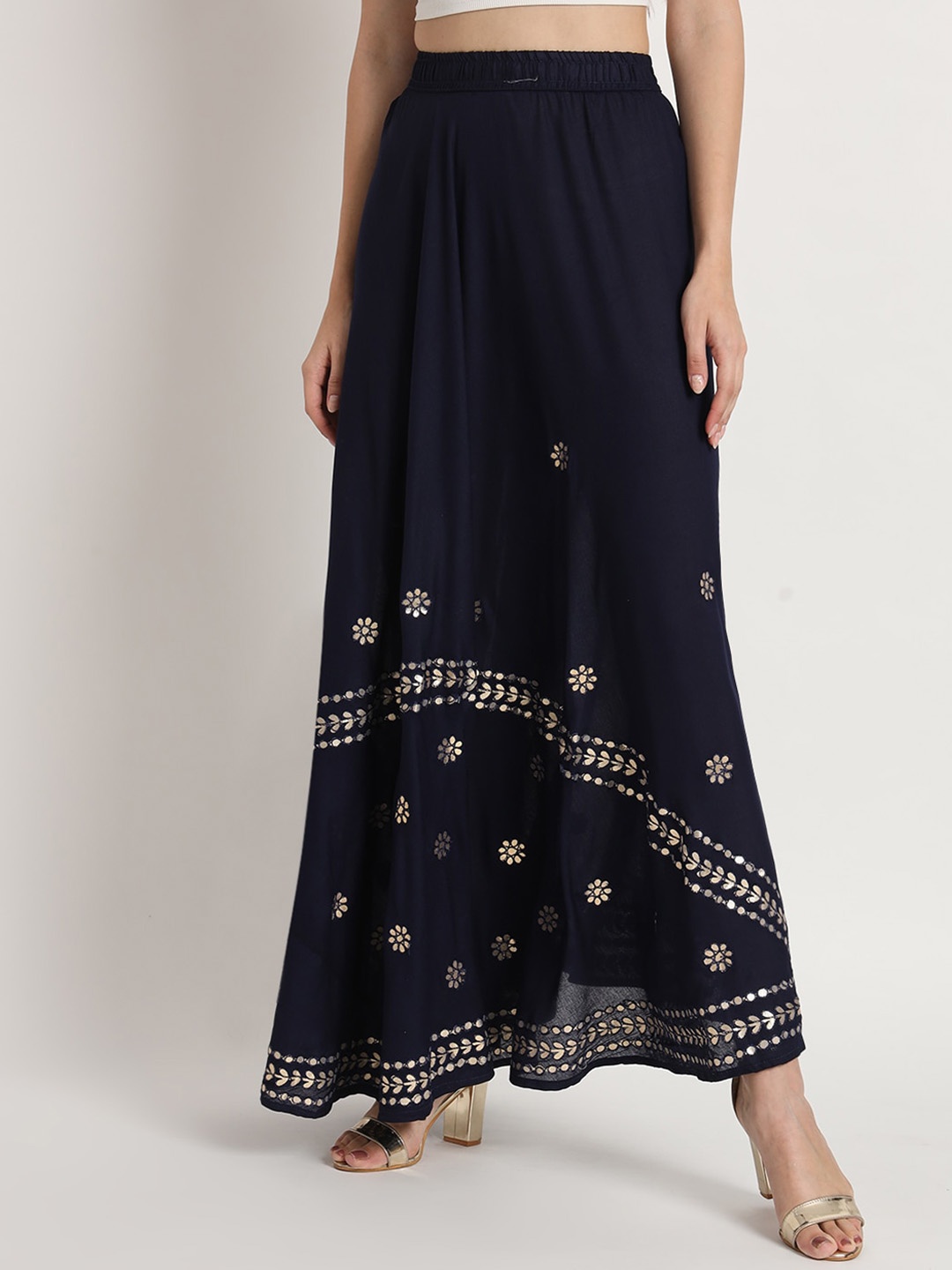 

BCZ Style Embellished Flared Maxi Skirt, Navy blue