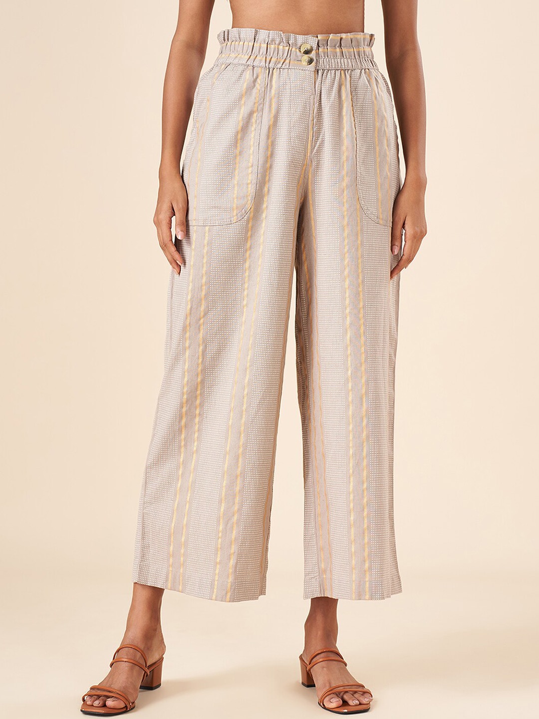 

AKKRITI BY PANTALOONS Women Striped Flared Mid-Rise Plain Parallel Trousers, Grey