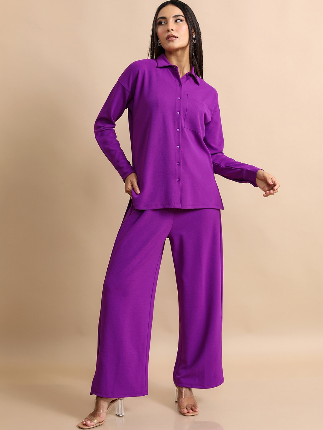 

Tokyo Talkies Drop Shoulder Sleeves Loose Fit Shirt With Trousers, Purple