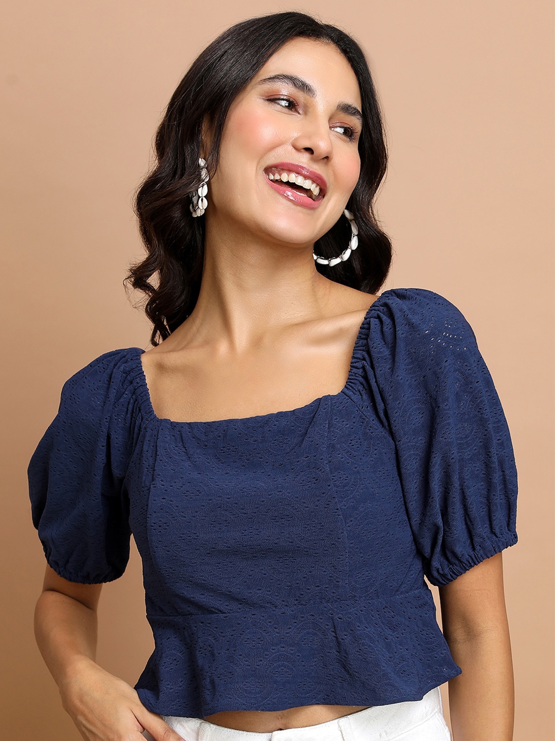 

Tokyo Talkies Navy Blue Self Design Square Neck Puff Sleeve Crop Top
