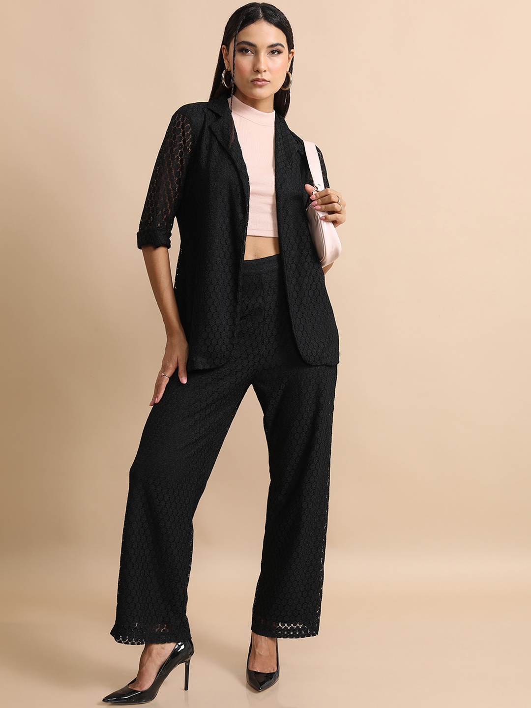 

Tokyo Talkies Self Design Lace-Inset Detail Notched Lapel Collar Blazer With Trousers, Black