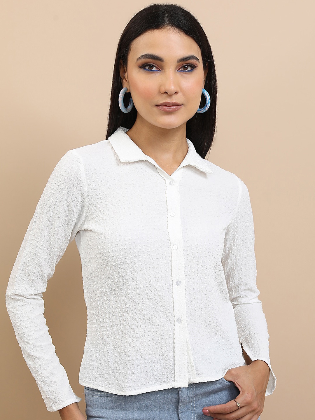 

Tokyo Talkies White Textured Self Design Spread Collar Casual Shirt