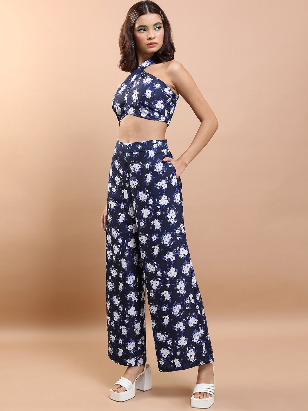 

Tokyo Talkies Floral Printed Halter Neck Crop Top with Wide Leg Trouser, Blue