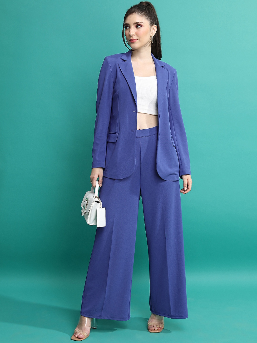 

Tokyo Talkies Blue Notched Lapel Collar Classic Blazer With Straight Trousers