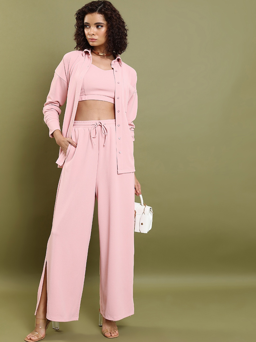 

Tokyo Talkies Pink V Neck Shoulder Straps Top & Oversized Shirt With Trouser