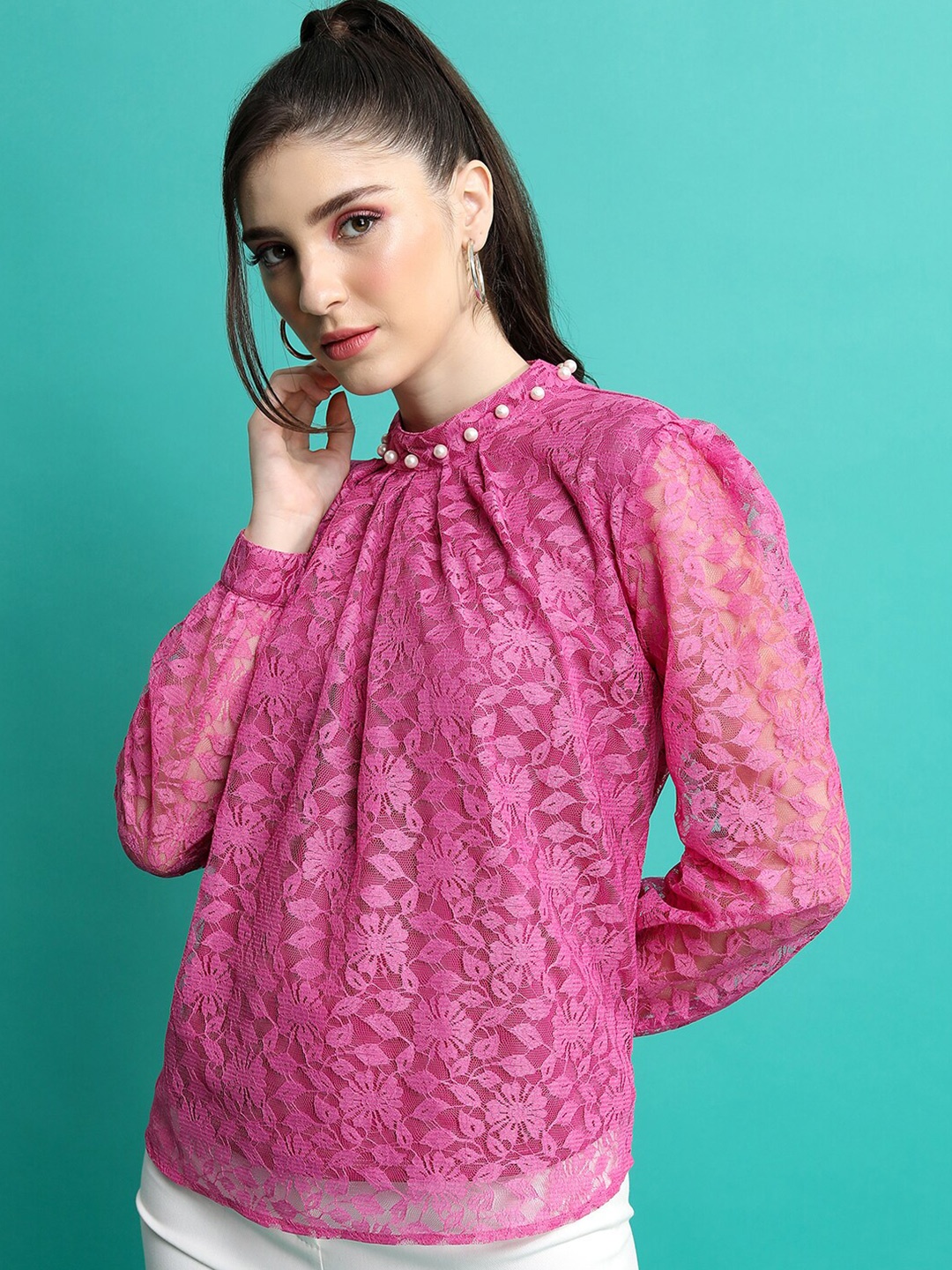 

Tokyo Talkies Pink Floral Self Design High Neck Cuffed Sleeves Top