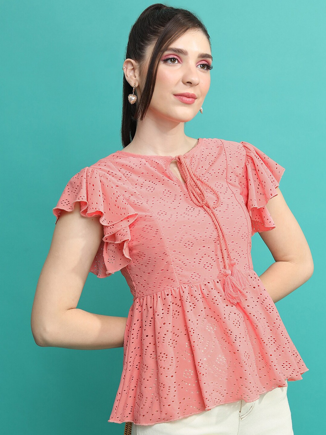 

Tokyo Talkies Self Designed Tie-Up Neck Flutter Sleeves Peplum Top, Pink