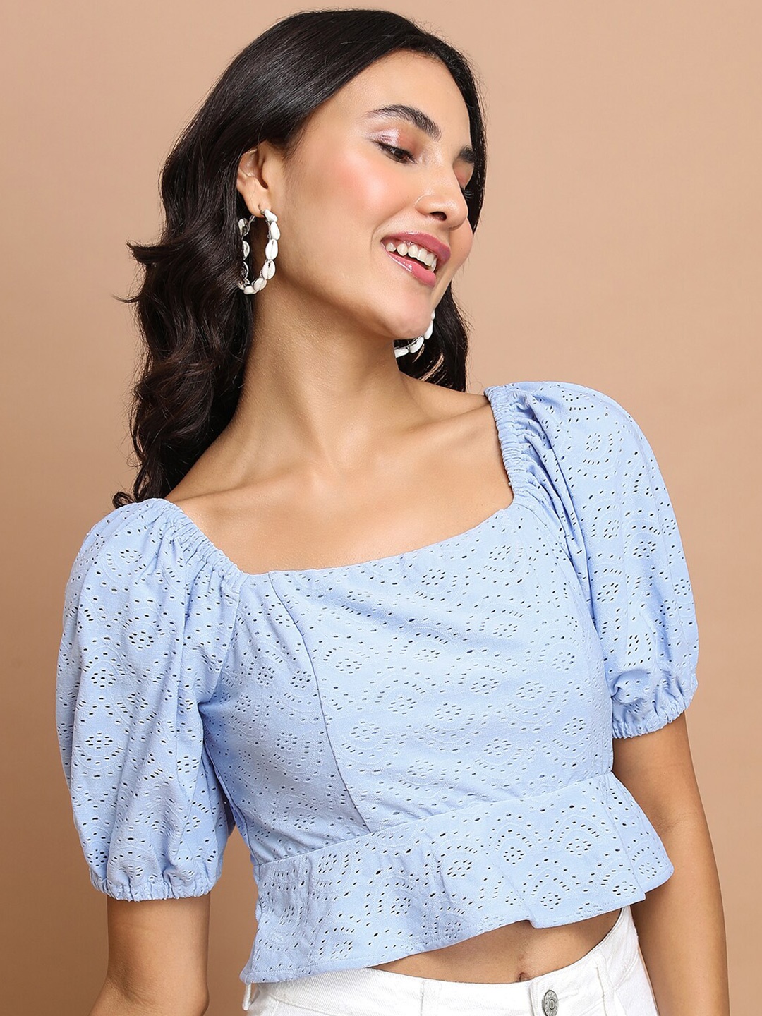 

Tokyo Talkies Blue Self Design Square Neck Puff Sleeves Schiffli Crop Top