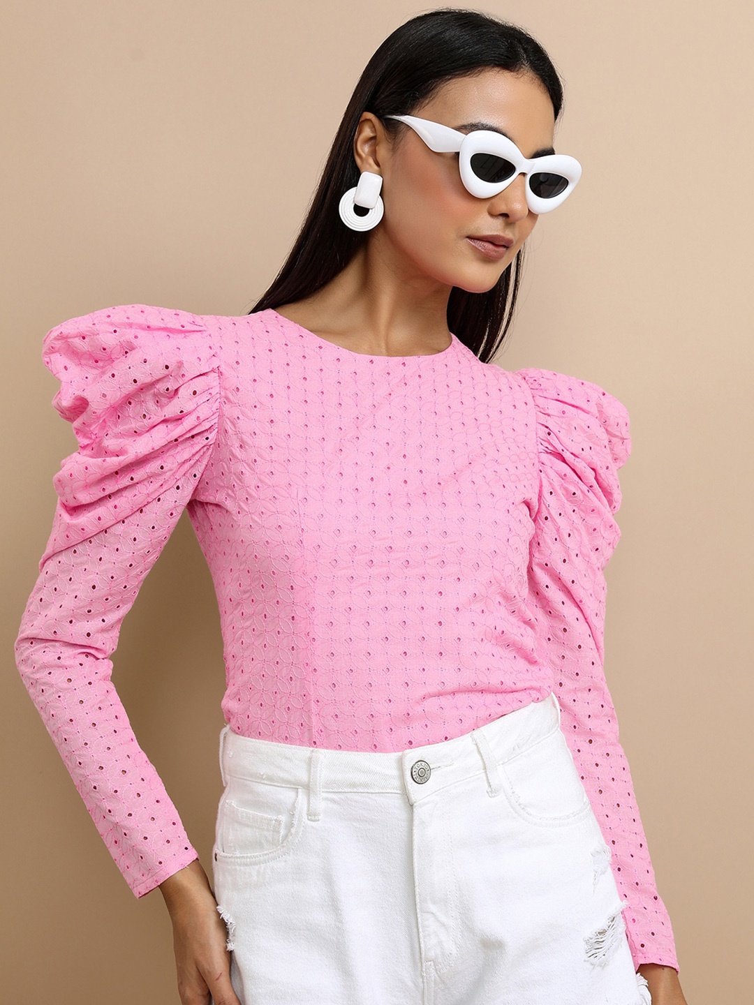 

Tokyo Talkies Pink Schiffli Puff Sleeve Crop Top