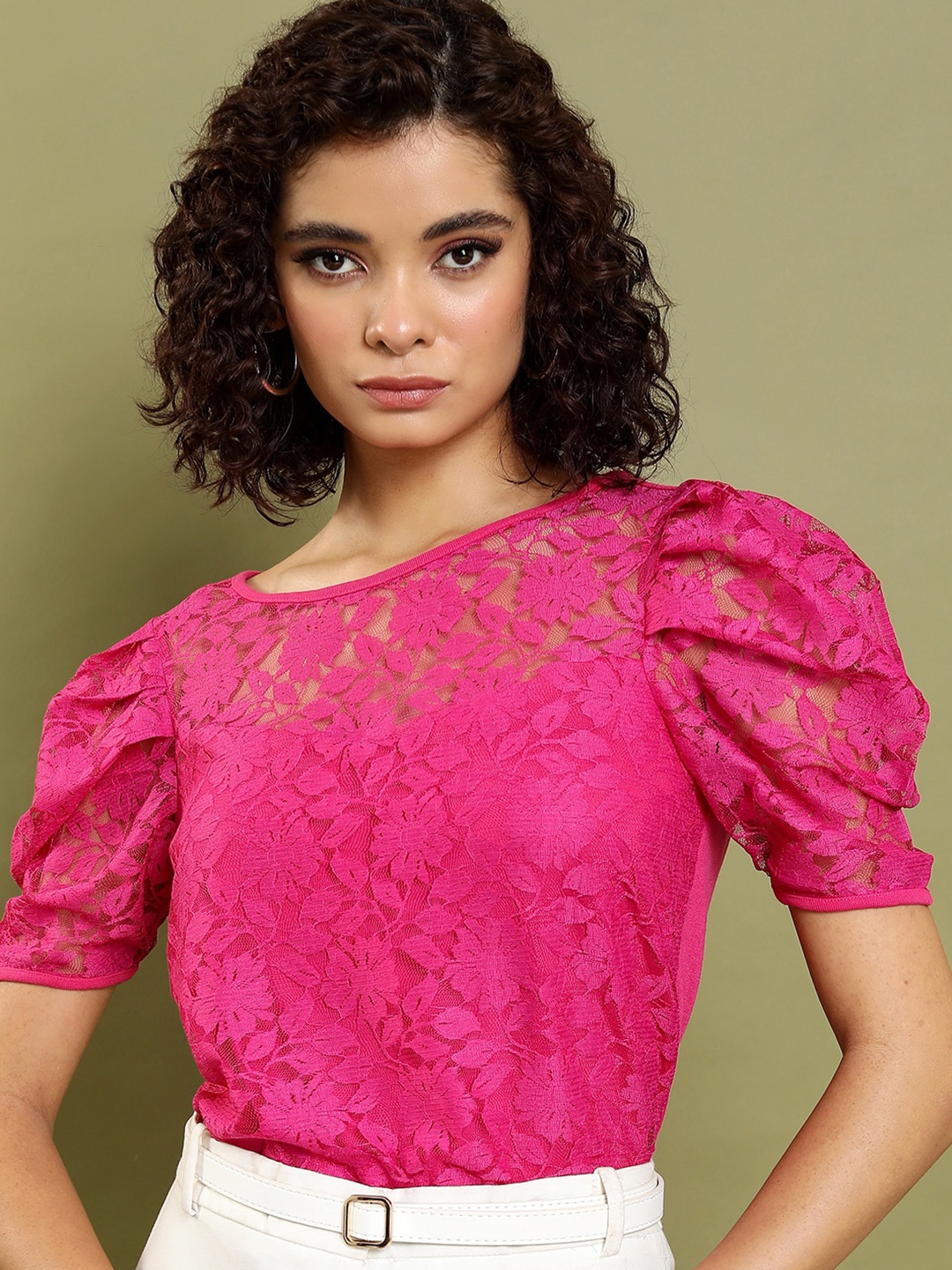 

Tokyo Talkies Pink Self Design Puff Sleeve Top