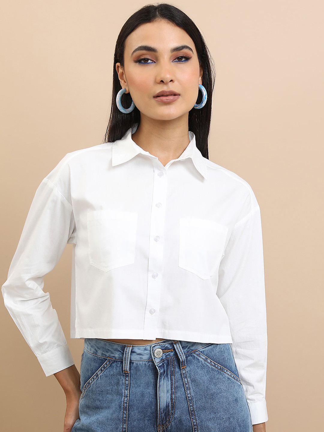 

Tokyo Talkies White Oversized Crop Cotton Casual Shirt