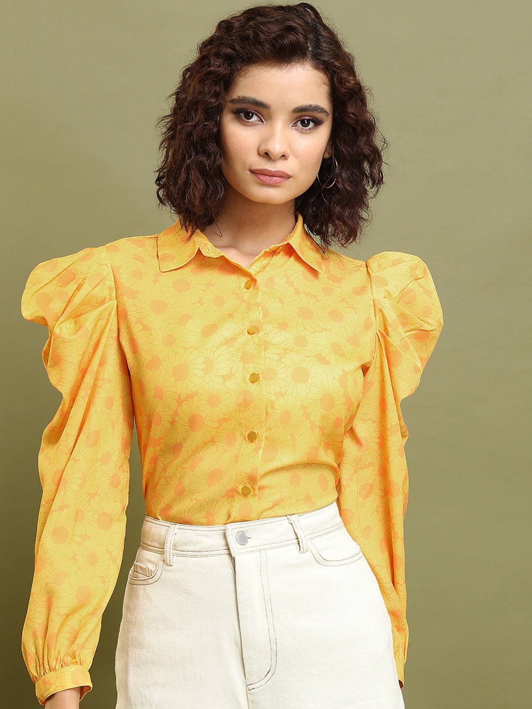 

Tokyo Talkies Yellow Floral Printed Puff Sleeve Shirt Style Top
