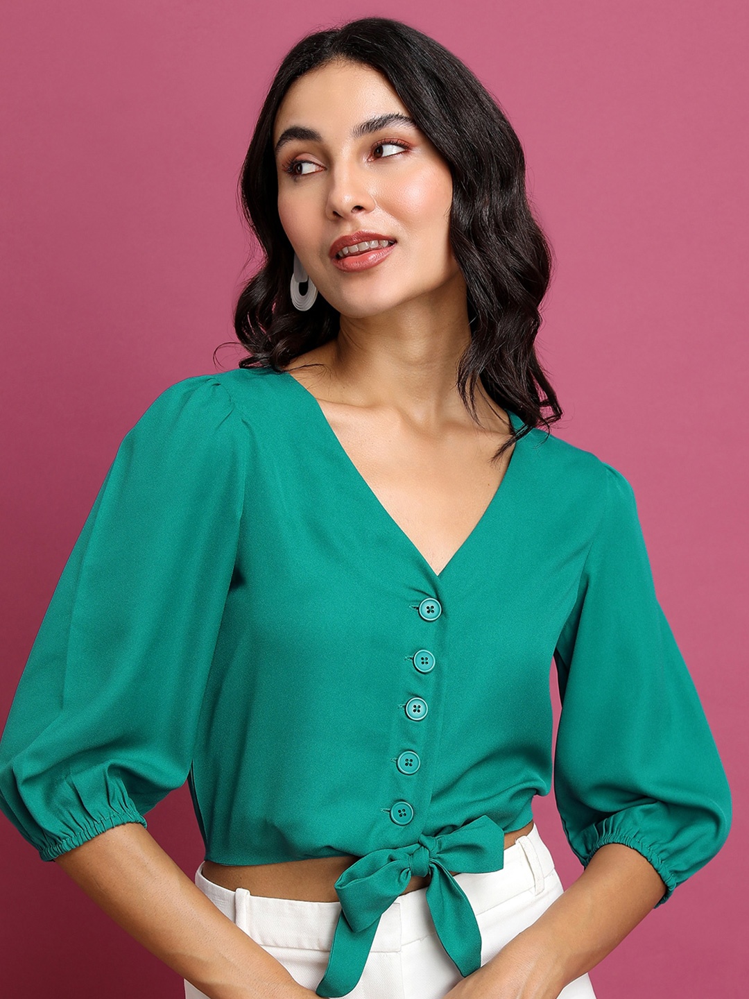 

Tokyo Talkies V-Neck Puff Sleeves Tie-Ups Detail Crop Top, Green
