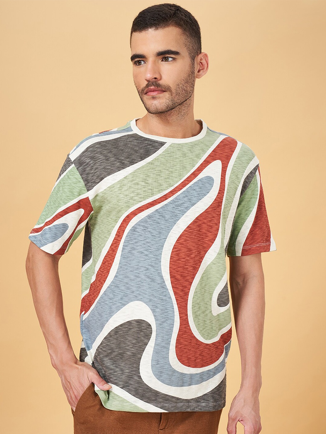 

7 Alt by Pantaloons Abstract Printed Round Neck Cotton Relaxed Fit T-shirt, Green