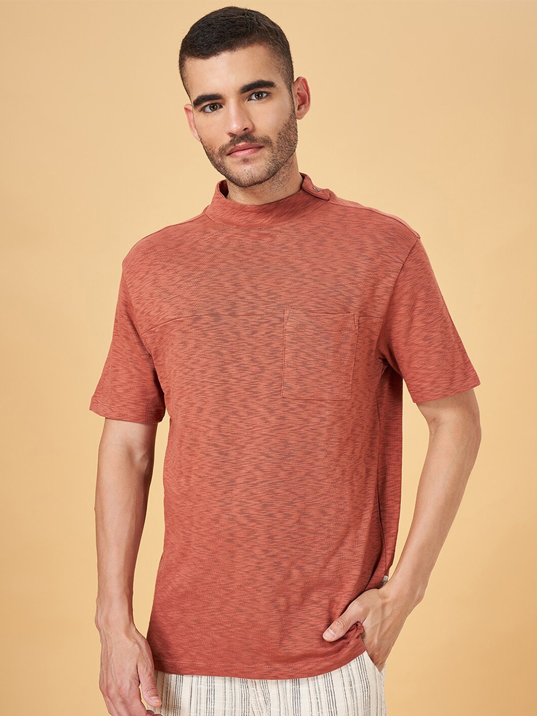 

7 Alt by Pantaloons Abstract Printed High Neck Pockets Cotton Relaxed Fit T-shirt, Rust