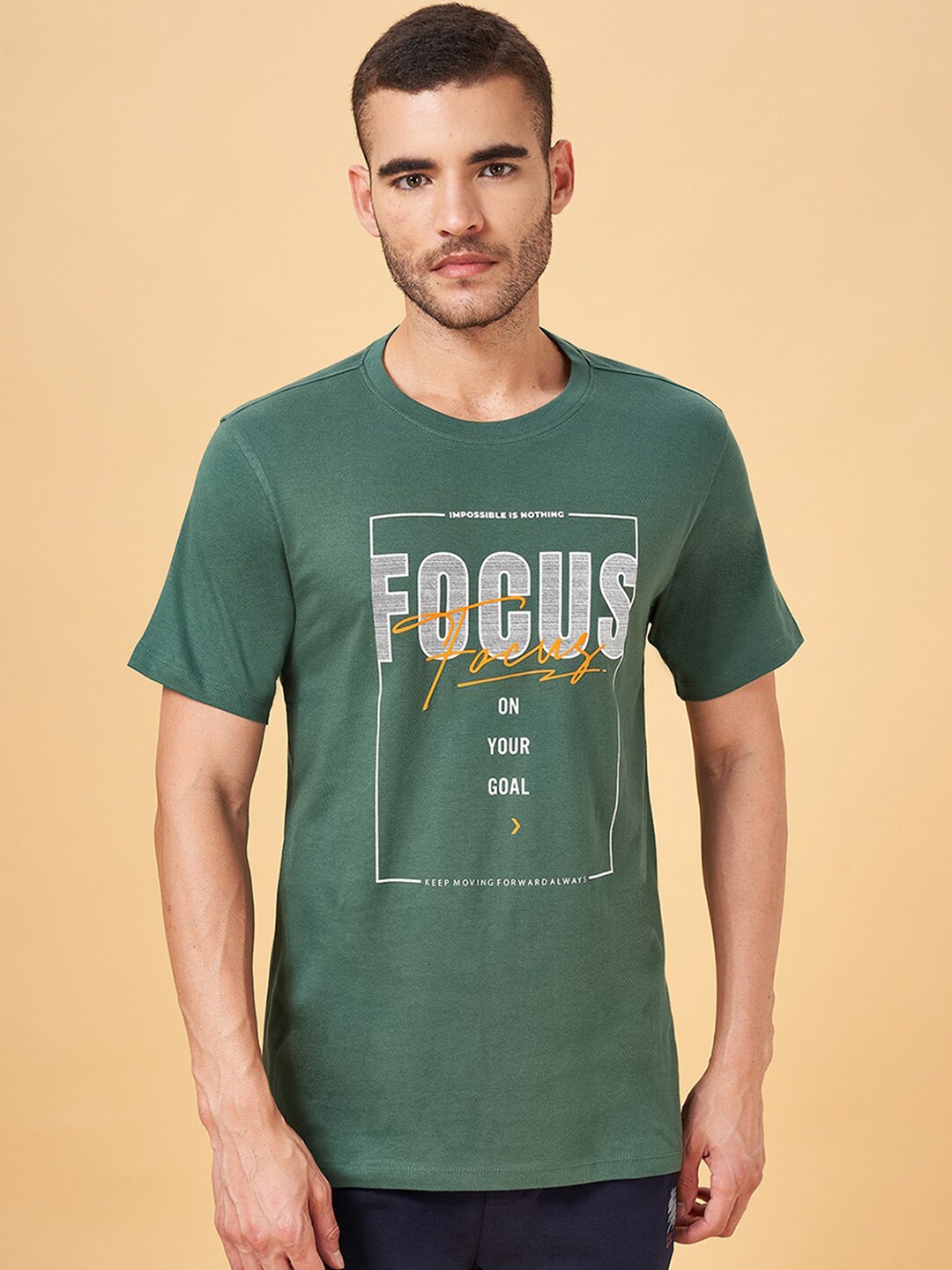 

Ajile by Pantaloons Typography Printed Cotton Slim Fit T-shirt, Green