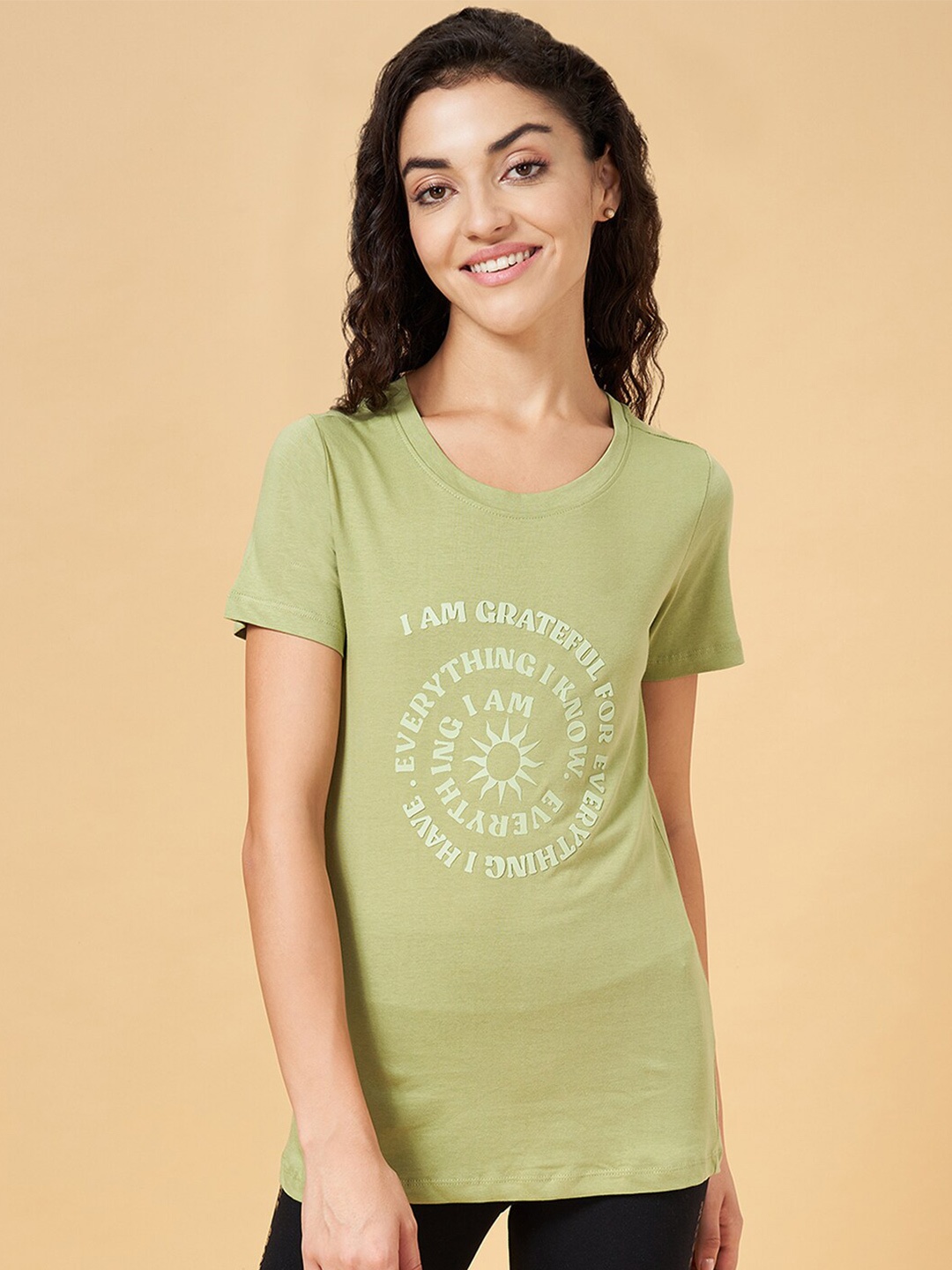 Ajile by Pantaloons Typography Printed Round Neck Short Sleeves Cotton T-shirt, Green