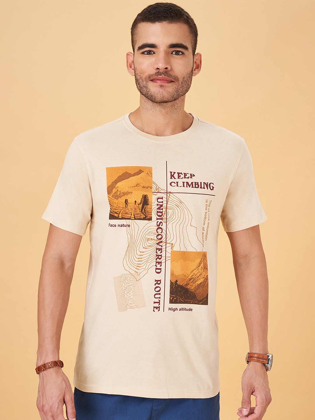 

Urban Ranger by pantaloons Graphic Printed Cotton Slim Fit T-shirt, Beige