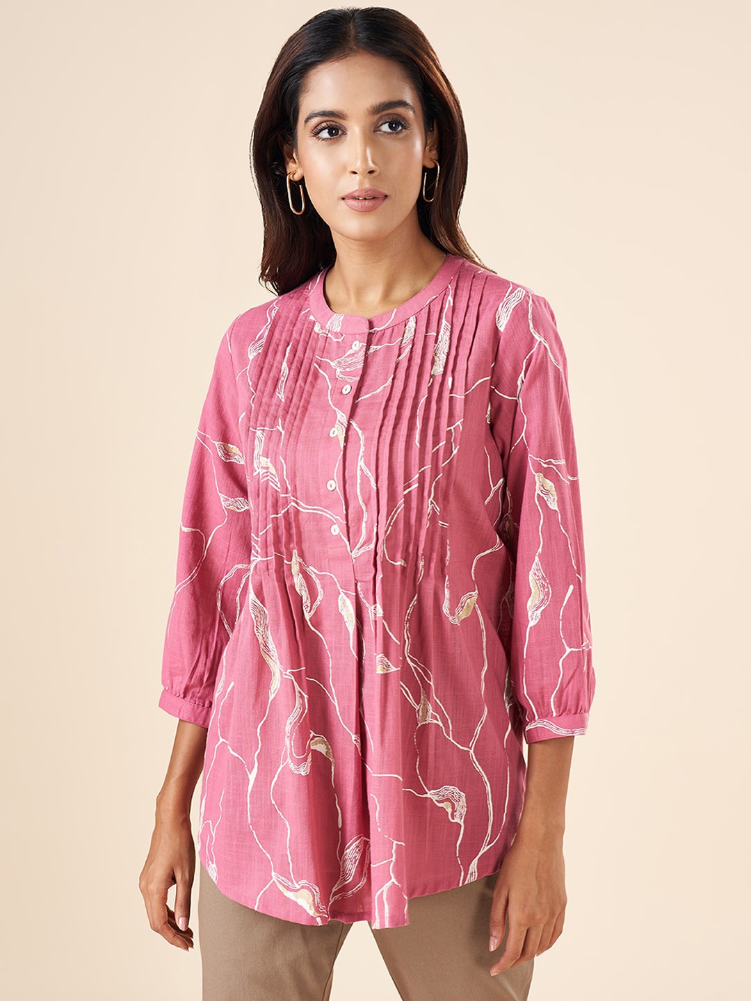 

AKKRITI BY PANTALOONS Abstract Printed Gathers Cotton Tunic, Pink