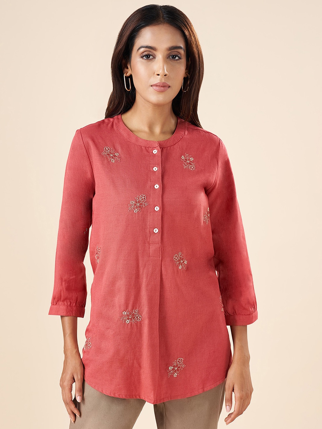 

AKKRITI BY PANTALOONS Floral Embroidered Cotton Tunic, Rust