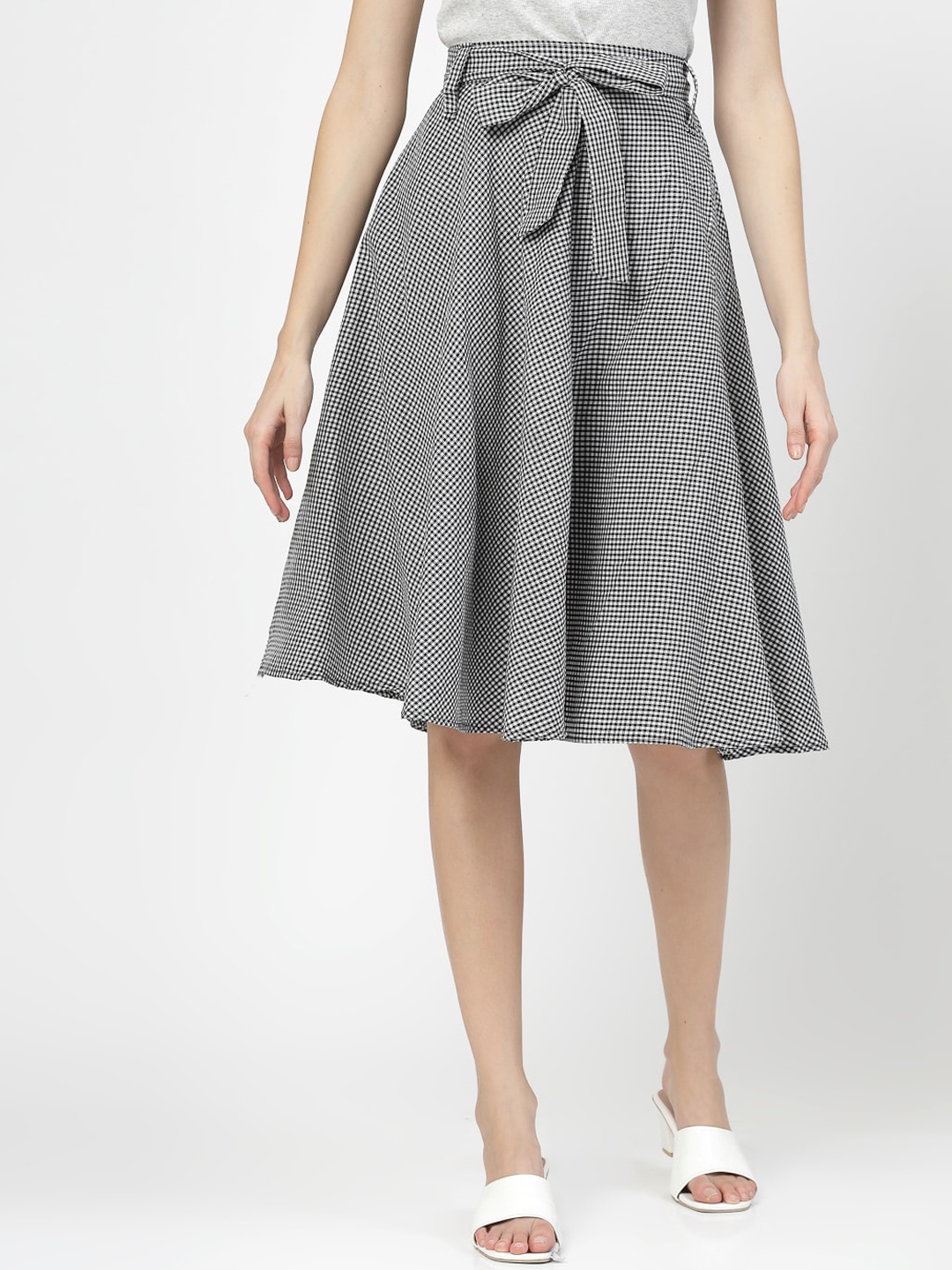 

BAESD Checked Flared Knee-Length skirt, Grey