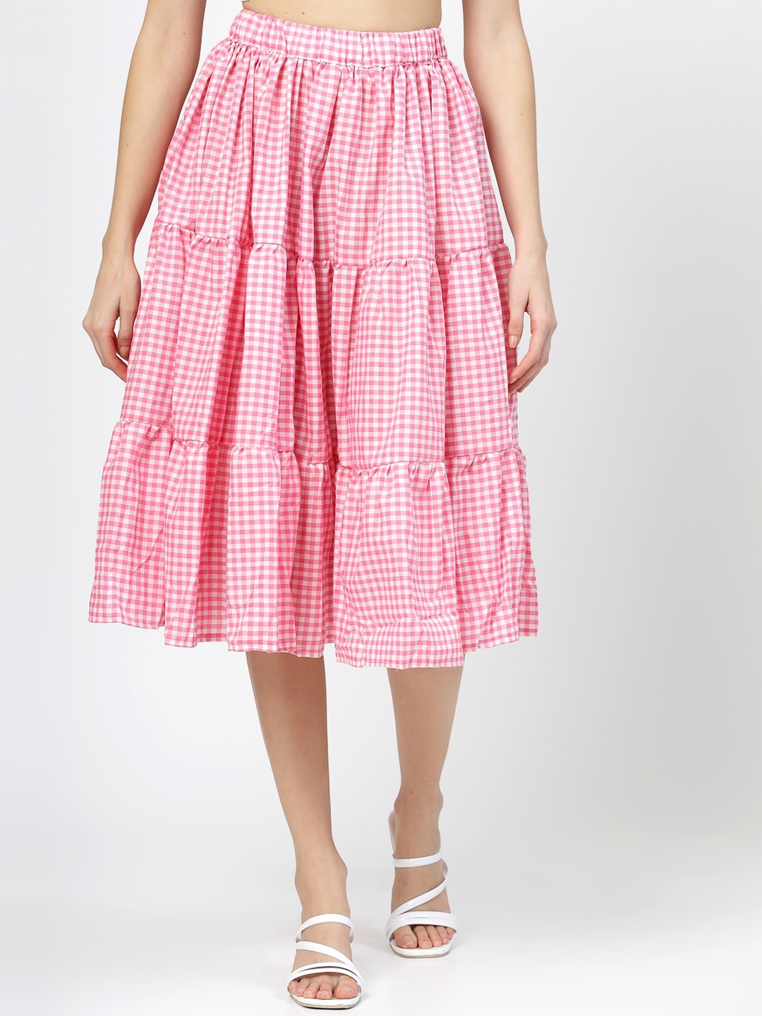 

BAESD Tiered Checked Flared Knee-Length skirt, Pink