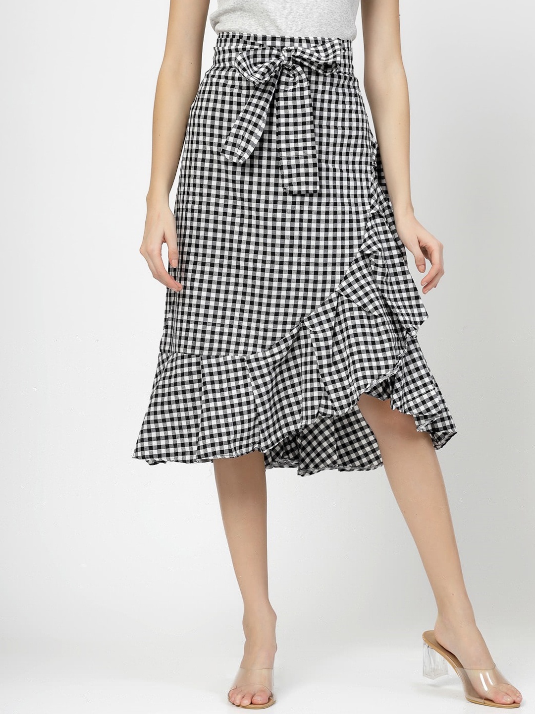 

BAESD Checked Flared Knee-Length Skirts, Black