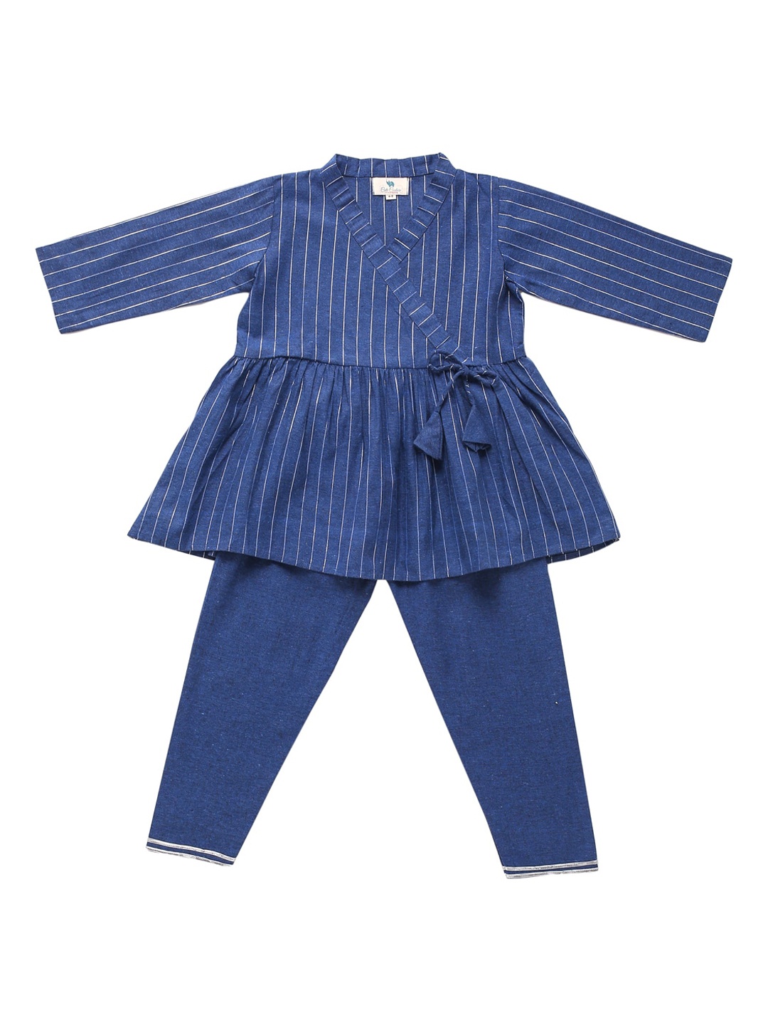 

Cute Couture Girls Striped Angrakha Kurti with Trousers, Blue