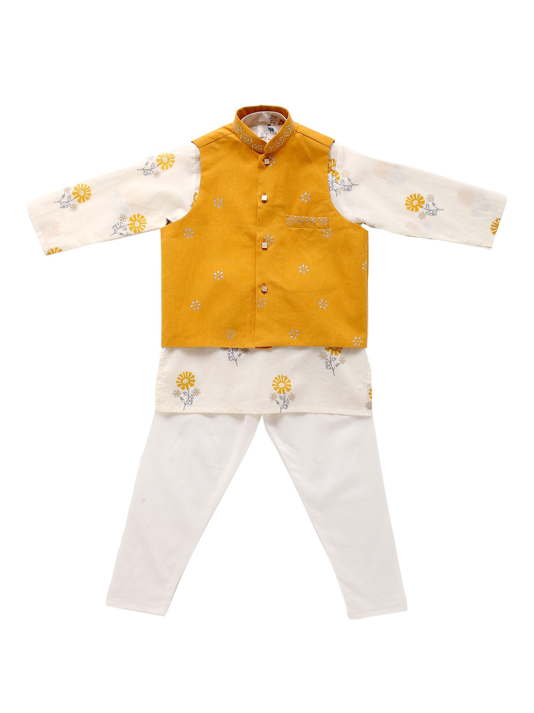 

Cute Couture Boys Floral Printed Regular Kurta with Trousers & Printed Nehru Jacket, White