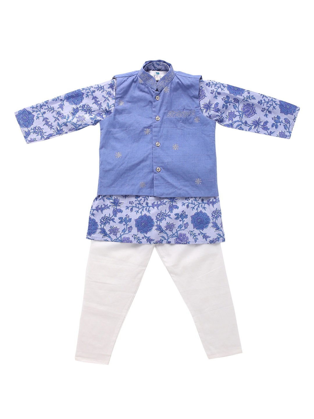 

Cute Couture Boys Blue Floral Printed Straight Kurta with Pyjamas & Nehru jacket