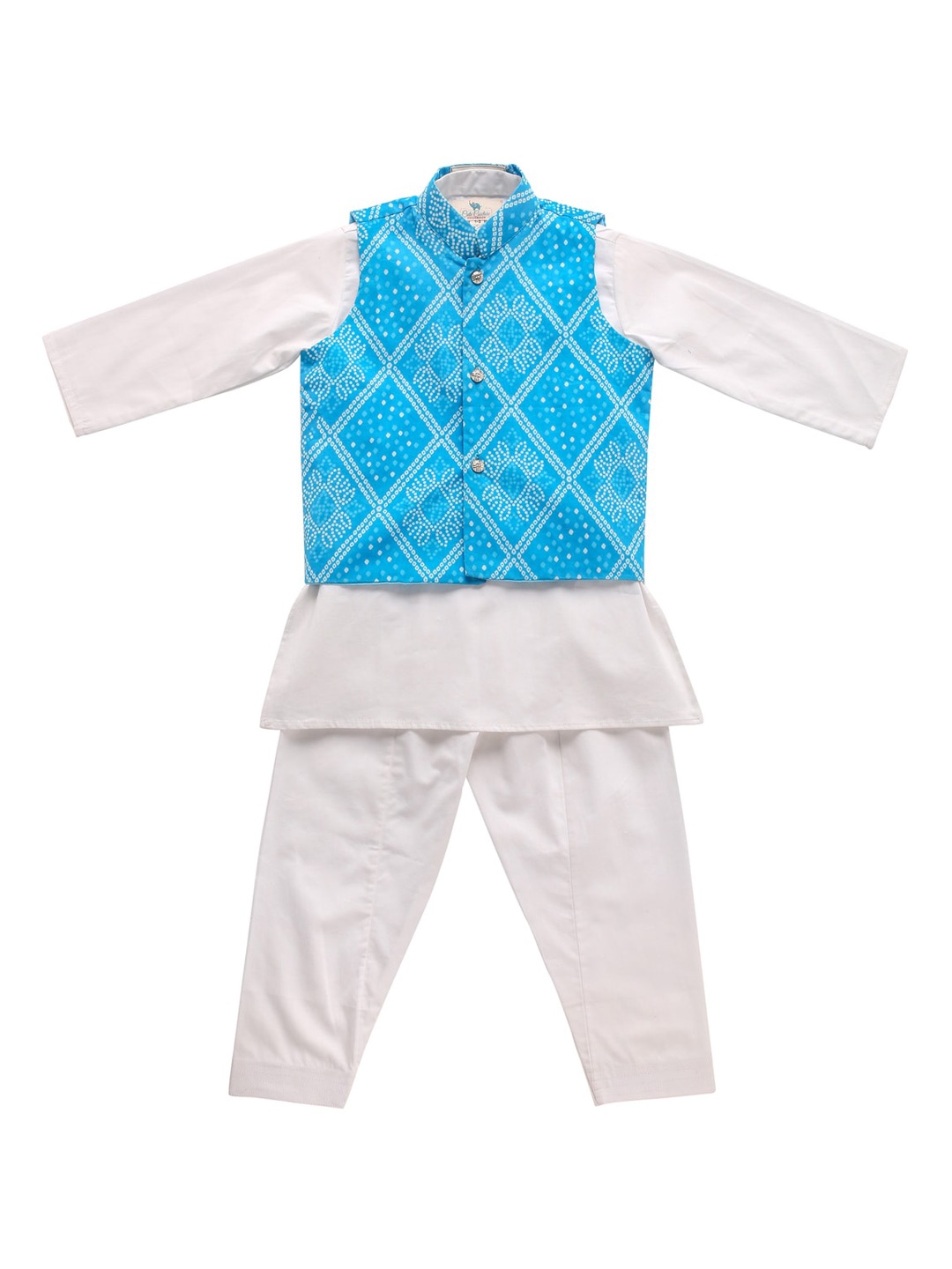 

Cute Couture Boys Band Collar Straight Kurta with Pyjamas & Jacket, White