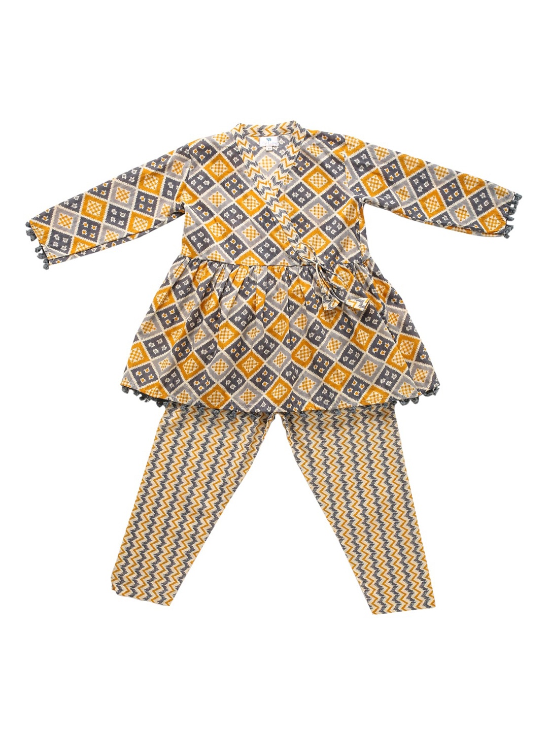 

Cute Couture Girls Geometric Printed Angrakha Kurta with Trousers, Yellow