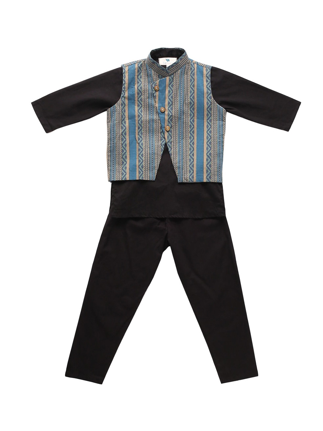 

Cute Couture Boys Band Collar Regular Kurta with Trousers And Printed Nehru Jacket, Black