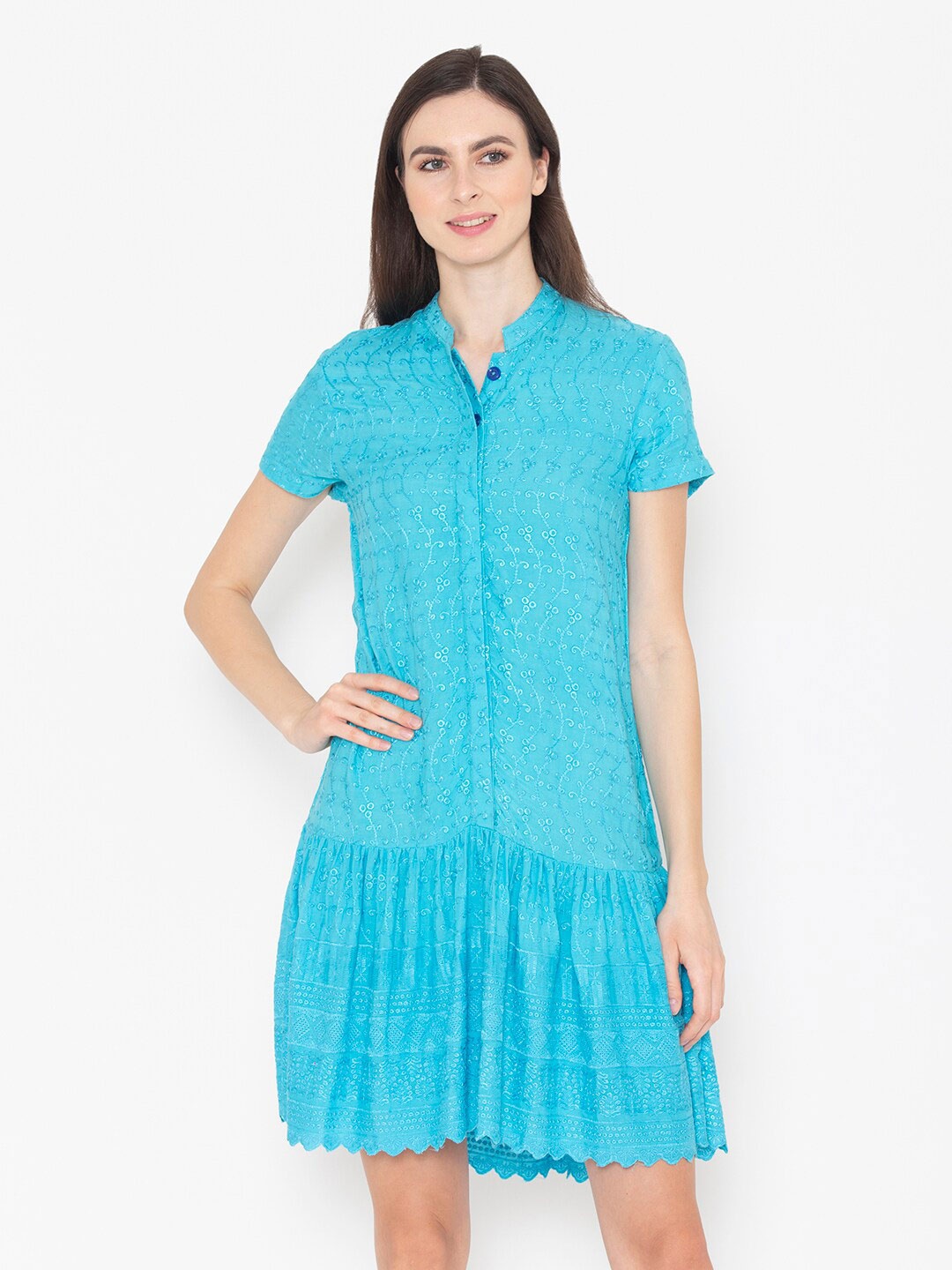

ENTELLUS Self Design Shirt Dress, Turquoise blue