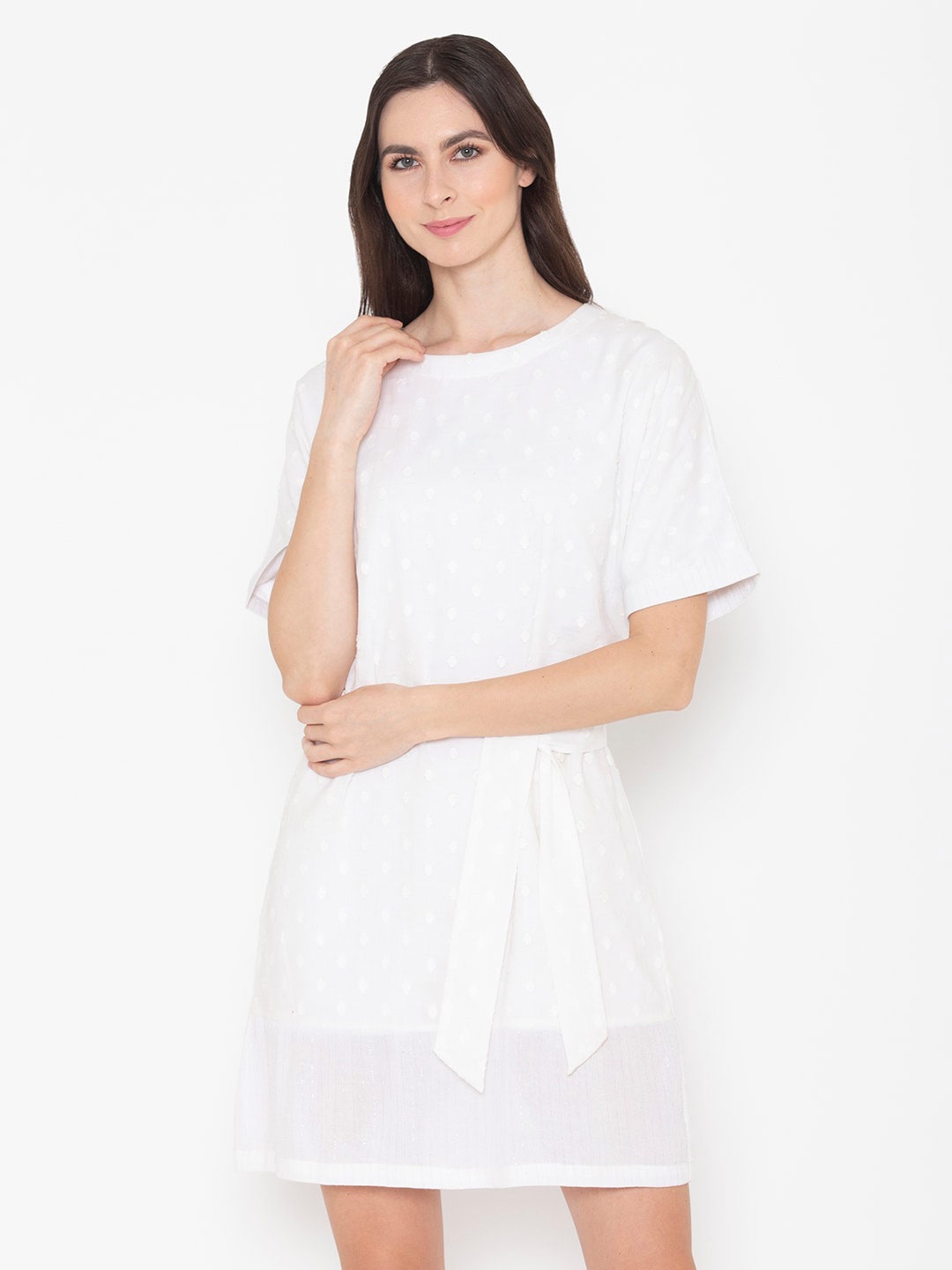 

ENTELLUS Round Neck Cotton A-Line Dress, White