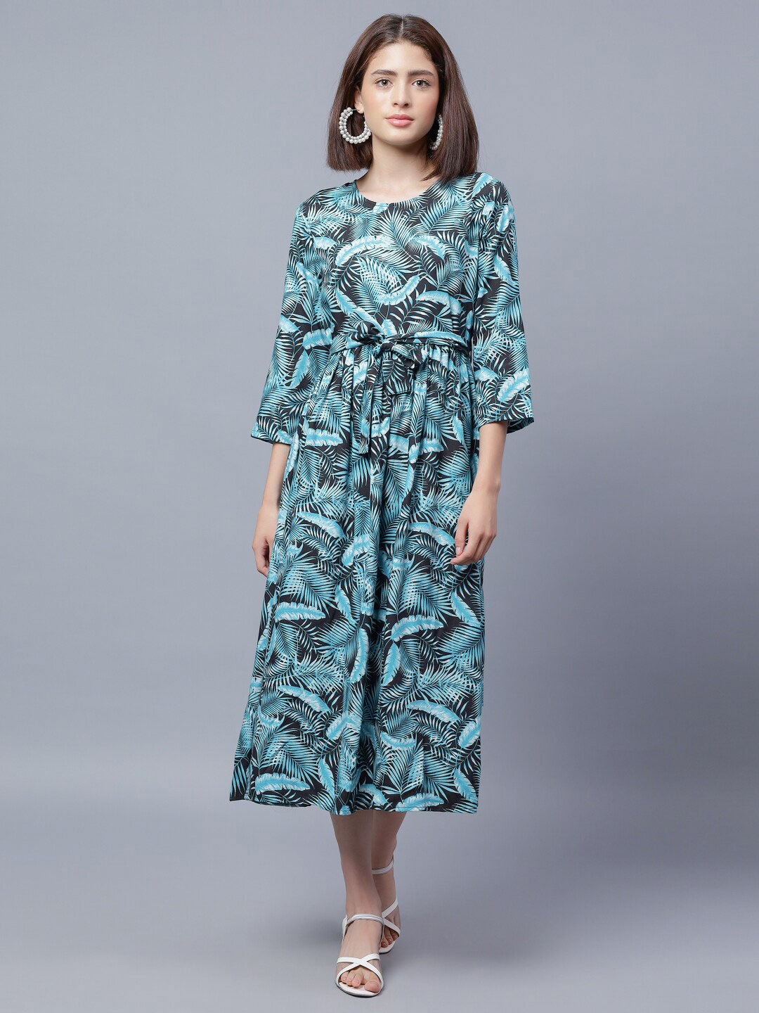 

ENTELLUS Floral Printed Shirt Midi Dress, Sea green
