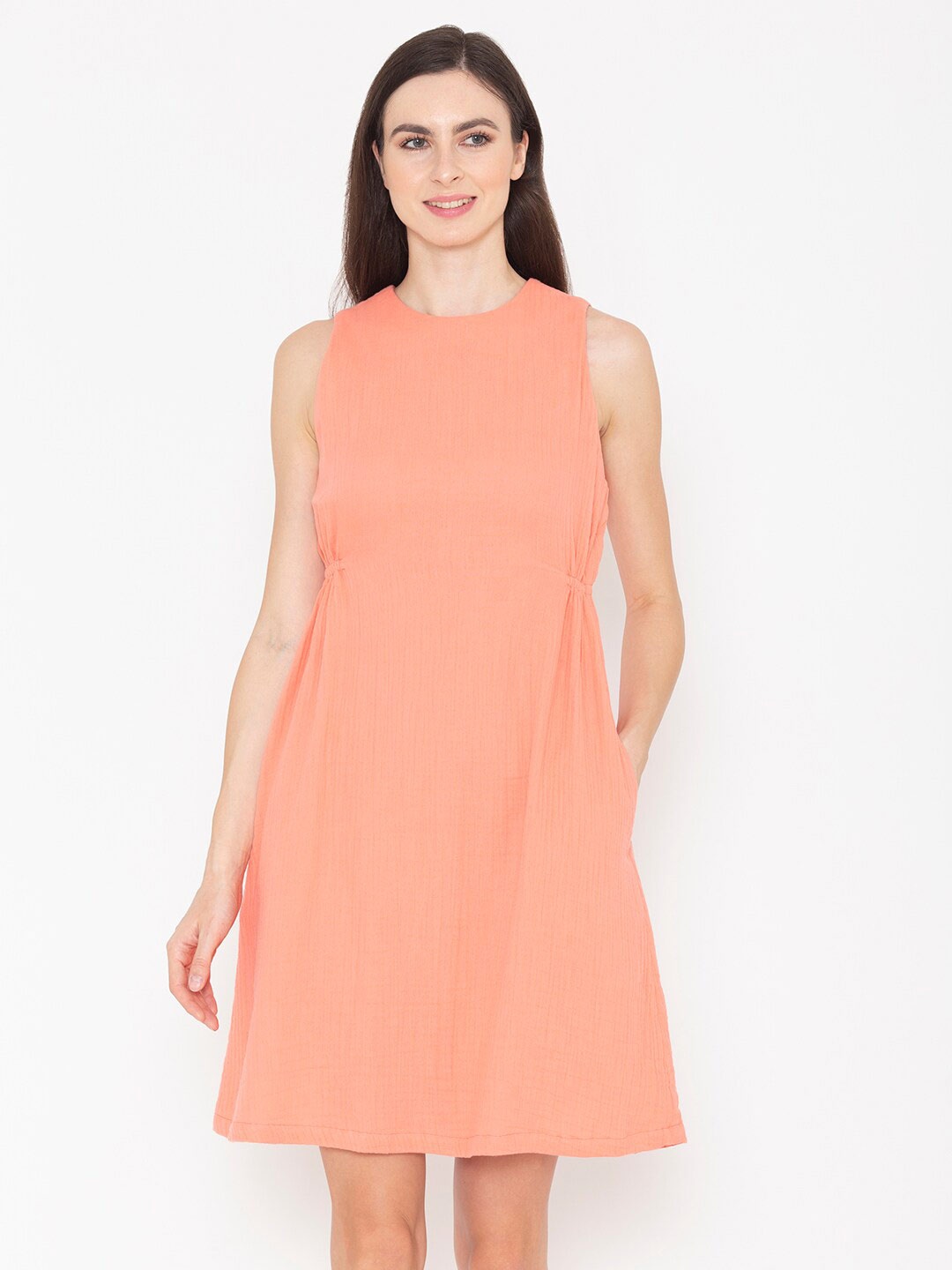 

ENTELLUS Sleeveless Cotton A-Line Dress, Orange